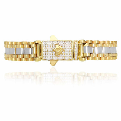 Solid 10K Gold Two-Tone 11mm CZ Pave Clasp Jubilee Bracelet 8.25"
