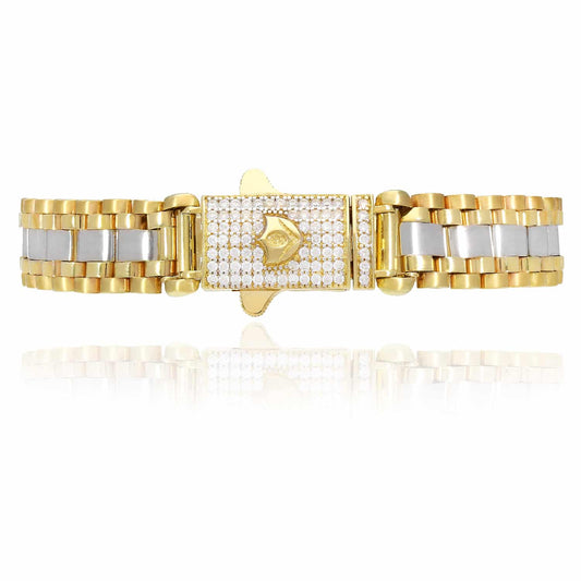Solid 10K Gold Two-Tone 11mm CZ Pave Clasp Jubilee Bracelet 8.25"