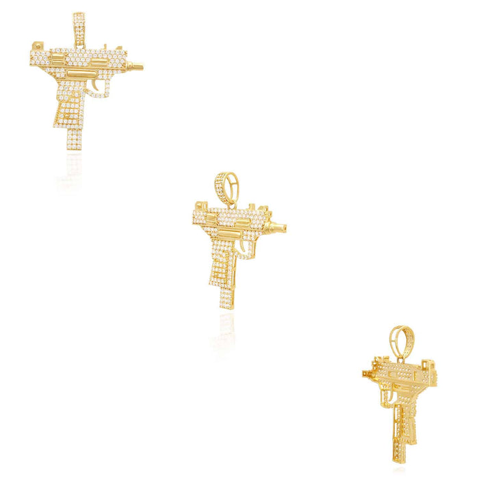 14K Yellow Gold CZ Pave Uzi Machine Gun Pistol Pendant 1.8"