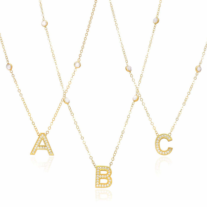 14K Gold CZ Initial By The Yard Necklace (Solid Links) 17"-18" Adjustable