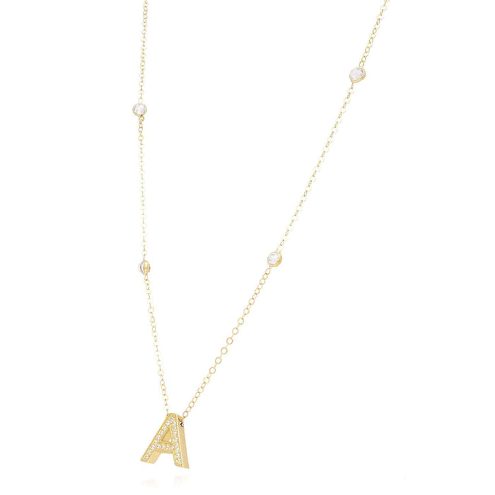 14K Gold CZ Initial By The Yard Necklace (Solid Links) 17"-18" Adjustable