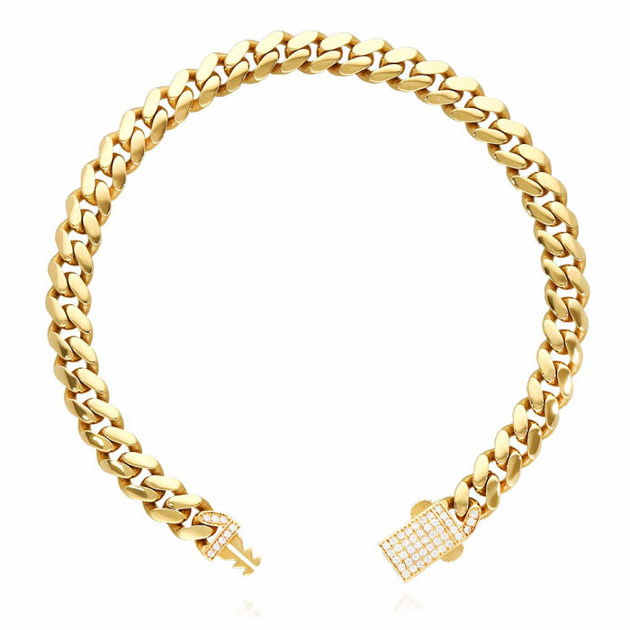 14K Gold 7mm Miami CZ Pave Box Clasp Bracelet (Hollow) 7.25"-10"