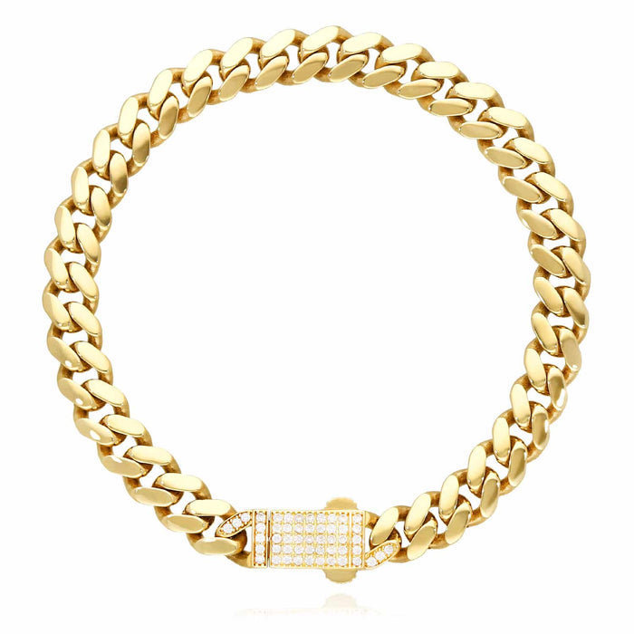 14K Gold 7mm Miami CZ Pave Box Clasp Bracelet (Hollow) 7.25"-10"