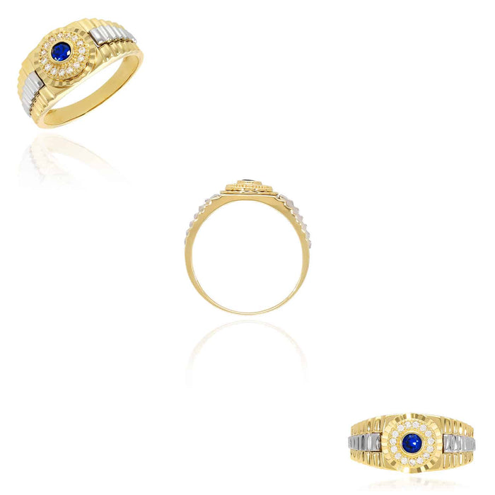 14K Gold Blue Sapphire and CZ Jubilee Signet Ring
