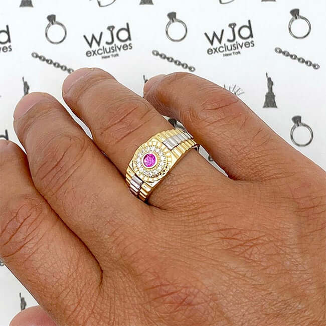 14K Gold Red Ruby CZ Jubilee Signet Ring