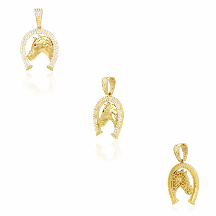 14K Yellow Gold CZ Horseshoe Ruby Eye Horse Head Pendant 1.4"
