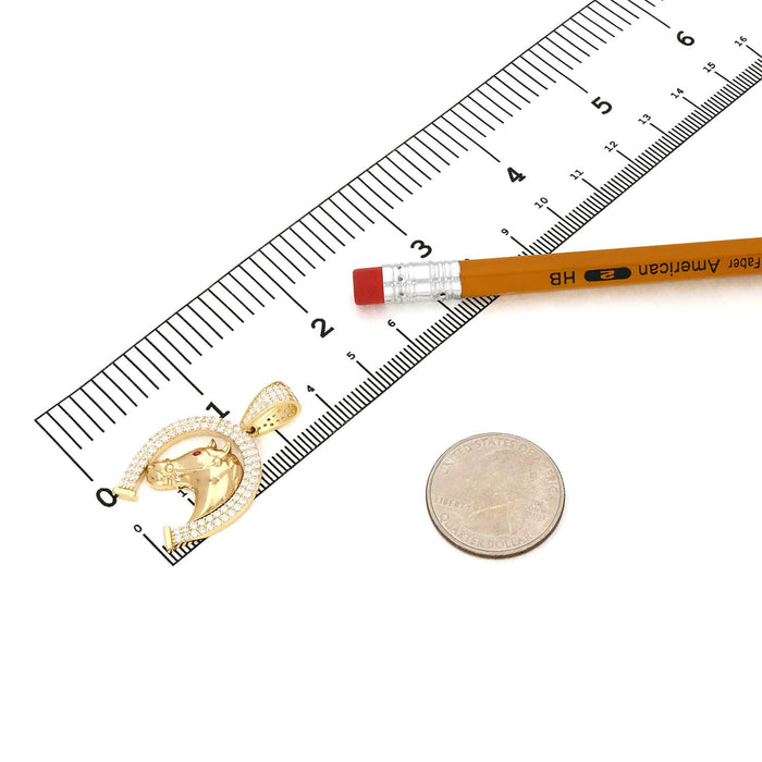 14K Yellow Gold CZ Horseshoe Ruby Eye Horse Head Pendant 1.4"