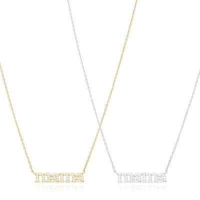 14K Yellow White Gold Over Sterling Silver CZ MAMA Plate Cable Necklace (Solid Links) 16"-18" Adjustable