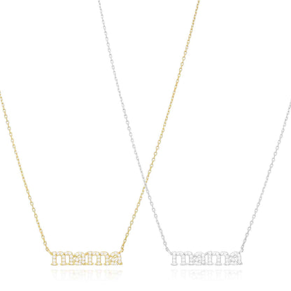 14K Yellow White Gold Over Silver CZ MAMA Plate Cable Necklace 16-18" Adjustable