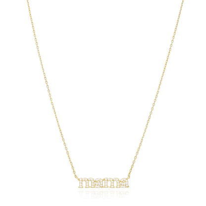 14K Yellow White Gold Over Silver CZ MAMA Plate Cable Necklace 16-18" Adjustable