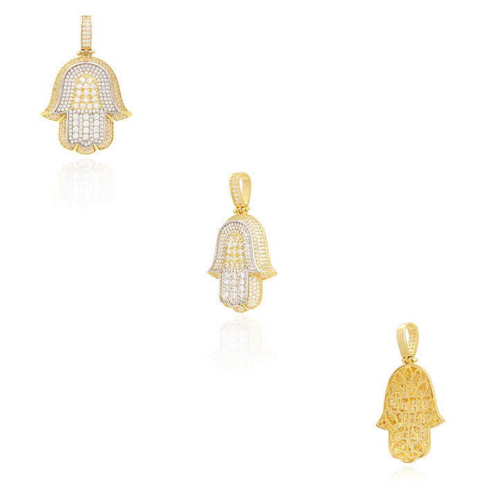 14K Yellow Gold CZ Pave 3D Layered Hamsa Hand Pendant 1.2"-1.6"