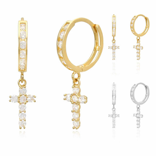 14K Yellow White Gold CZ  Cross Huggie Hoop Earrings 0.94"