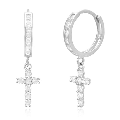 14K Yellow White Gold CZ  Cross Huggie Hoop Earrings 0.94"