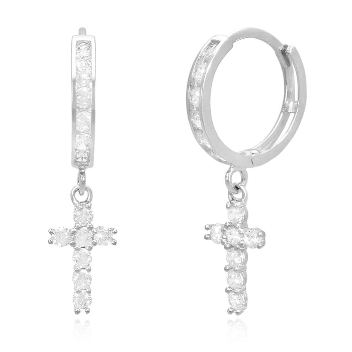 14K Yellow White Gold CZ Cross Huggie Hoop Earrings 0.94"