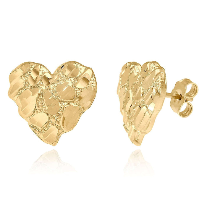 10K Yellow Gold Heart Nugget Stud Earrings 11mm 12mm 17mm
