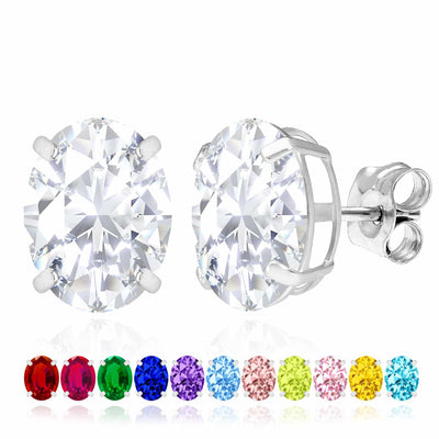 5CTW Birthstone Oval Gemstone Basket-Set 14K White Gold Stud Earrings