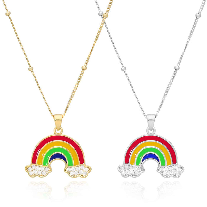 14K Gold Over Silver Enamel Rainbow Pendant with Ball Station Cuban 14"–17" Adjustable Chain