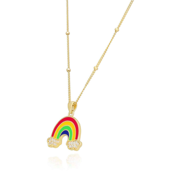14K Gold Over Silver Enamel Rainbow Pendant with Ball Station Cuban 14"–17" Adjustable Chain
