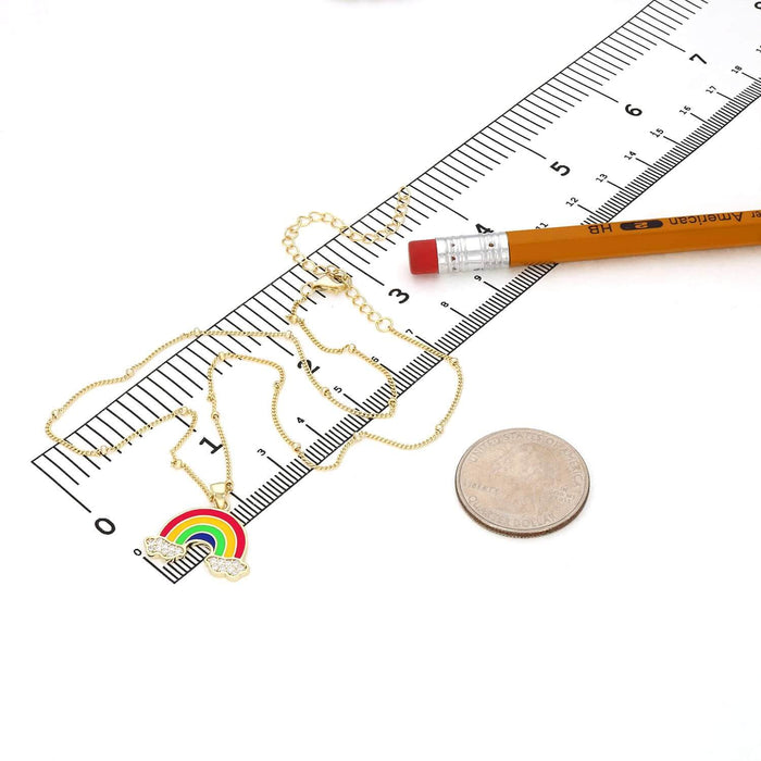 14K Gold Over Silver Enamel Rainbow Pendant with Ball Station Cuban 14"–17" Adjustable Chain