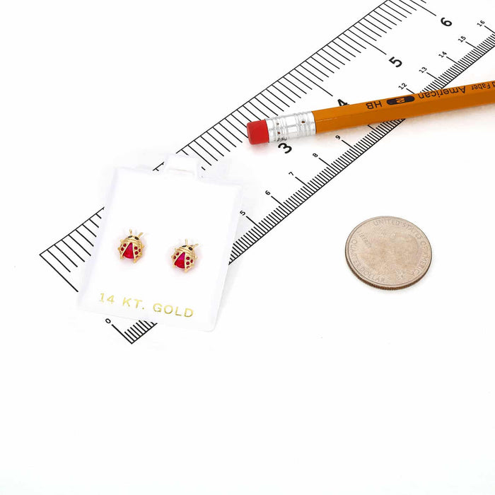 Kids 14K Gold Red Ruby Ladybug Stud Earrings
