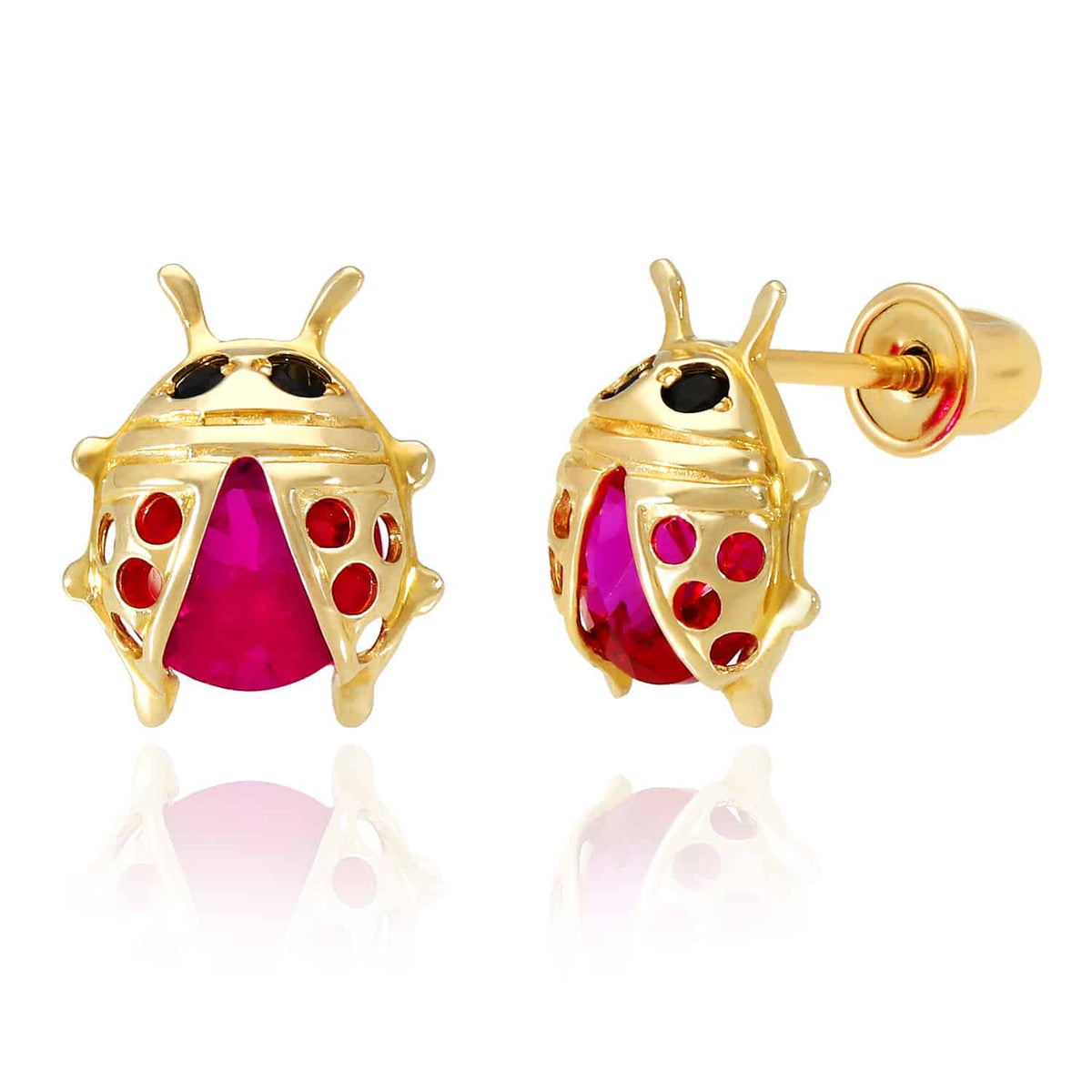 Kids 14K Gold Red Ruby Ladybug Stud Earrings
