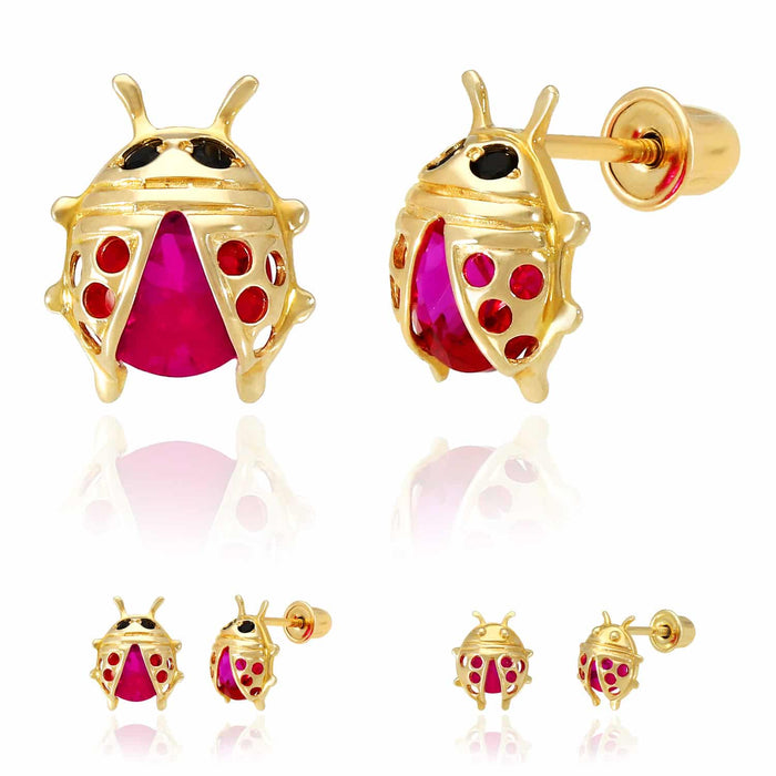 Kids 14K Gold Red Ruby Ladybug Stud Earrings