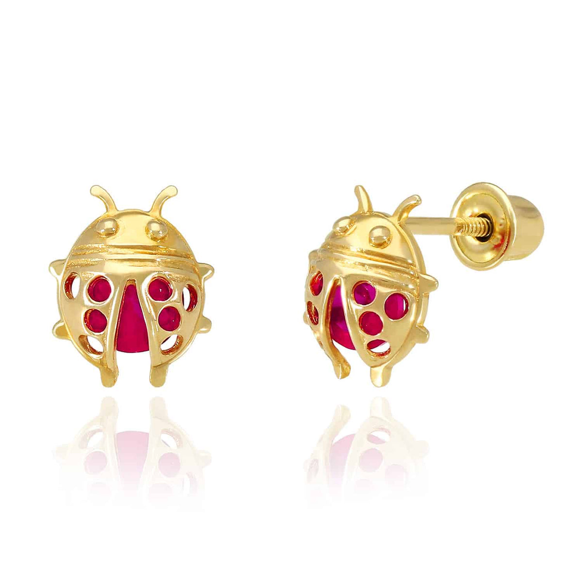 Kids 14K Gold Red Ruby Ladybug Stud Earrings