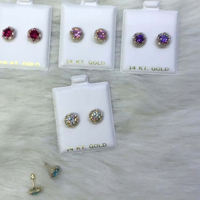 14K Yellow Gold Round And Marquise Gem Birthstone Halo Stud Earrings