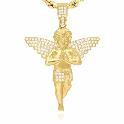 10K Yellow Gold CZ Pave Praying Angel Pendant 2.2"