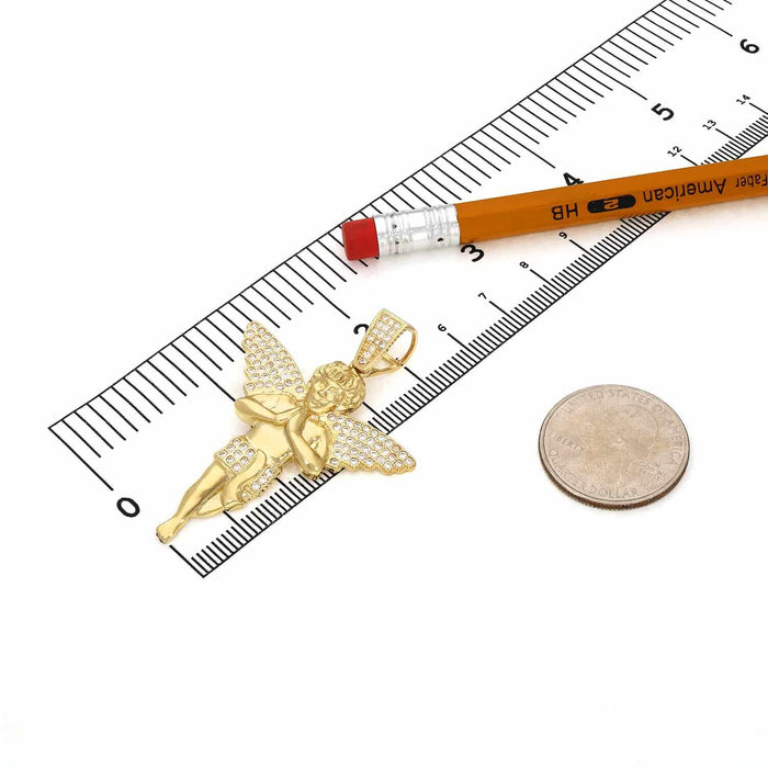 10K Yellow Gold CZ Pave Praying Angel Pendant 2.2"