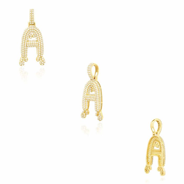 14K Yellow Gold CZ Iced Out Dripping Initial Letter Pendant 1.7"