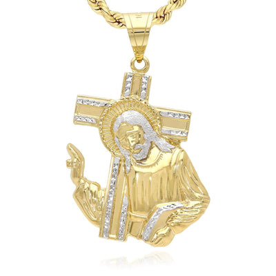 10K Gold Jesus Carrying Cross Pendant 1.6"-2.8"