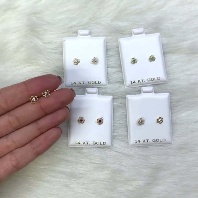 14K Yellow Gold Color Birthstone Open Flower Kids Screw Back Stud Earrings