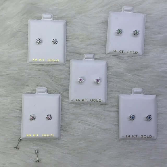 14K White Gold Open Flower Bezel Set Gemstone Kids Screw Back Stud Earrings