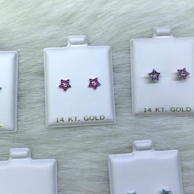 14K White Gold Diamond-Cut Color Gemstone Little Star Screw Back Stud Earrings