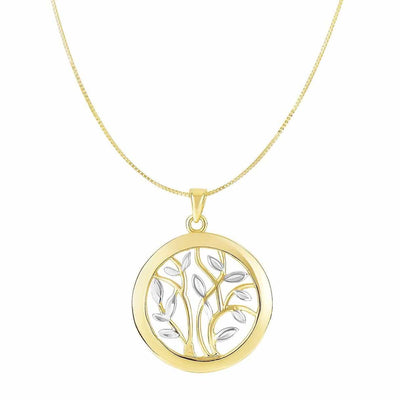 14K Gold Round Tree of Life Circle Pendant Box Chain 18"
