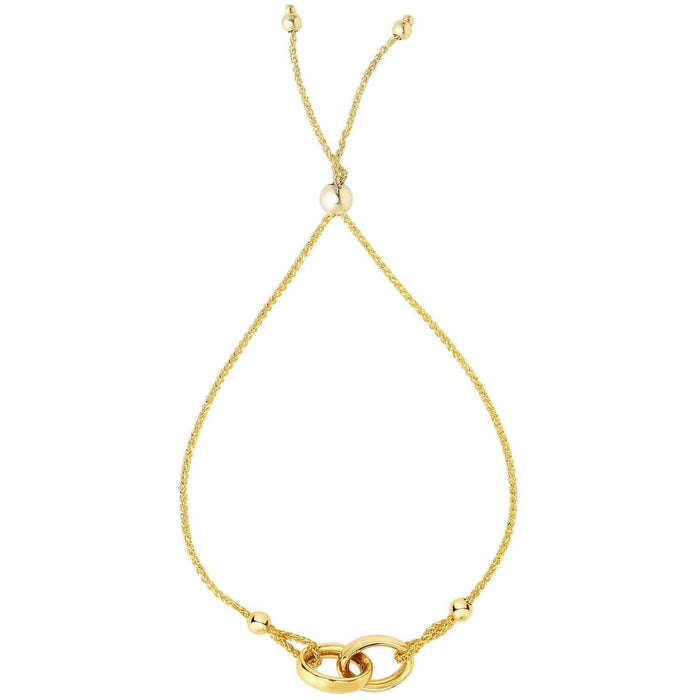 14K Gold Interlocked Rings Spiga Wheat Friendship Bracelet (Hollow) 5"-9.25" Adjustable