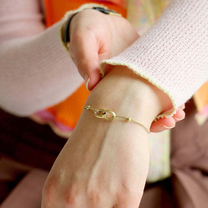 14K Gold Interlocked Rings Spiga Wheat Friendship Bracelet (Hollow) 5"-9.25" Adjustable
