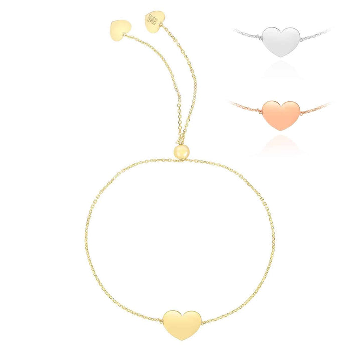 14K Yellow White Rose Gold Cable Heart Friendship Bolo Bracelet (Hollow) 9.25" Adjustable
