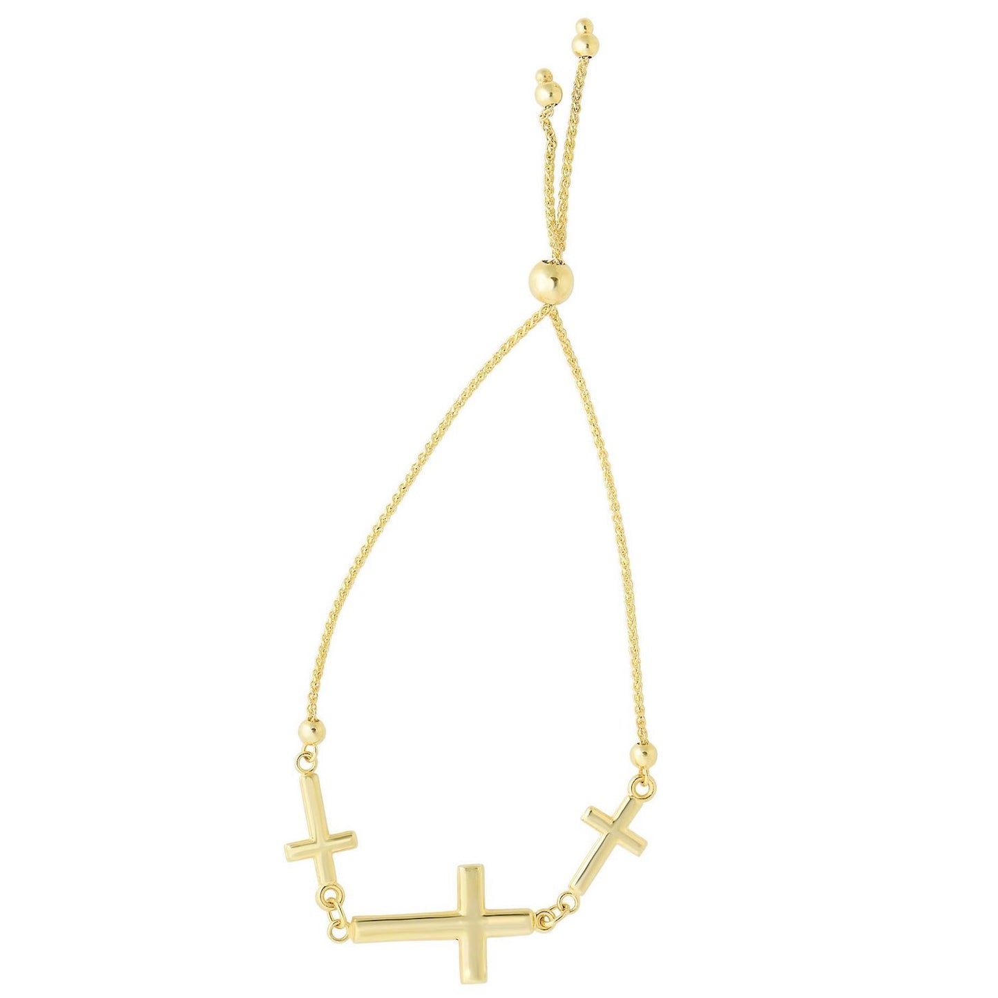 14K Gold 3 Sideways Cross Center Friendship Bolo Bracelet 5" - 9.25" Adjustable