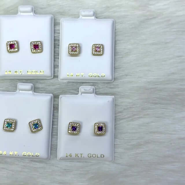 14K Yellow Gold Square Color Gemstone Screw Back Halo Stud Earrings