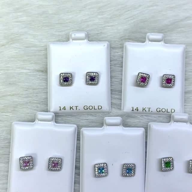 14K White Gold Square Color Gemstone Screw Back Halo Stud Earrings
