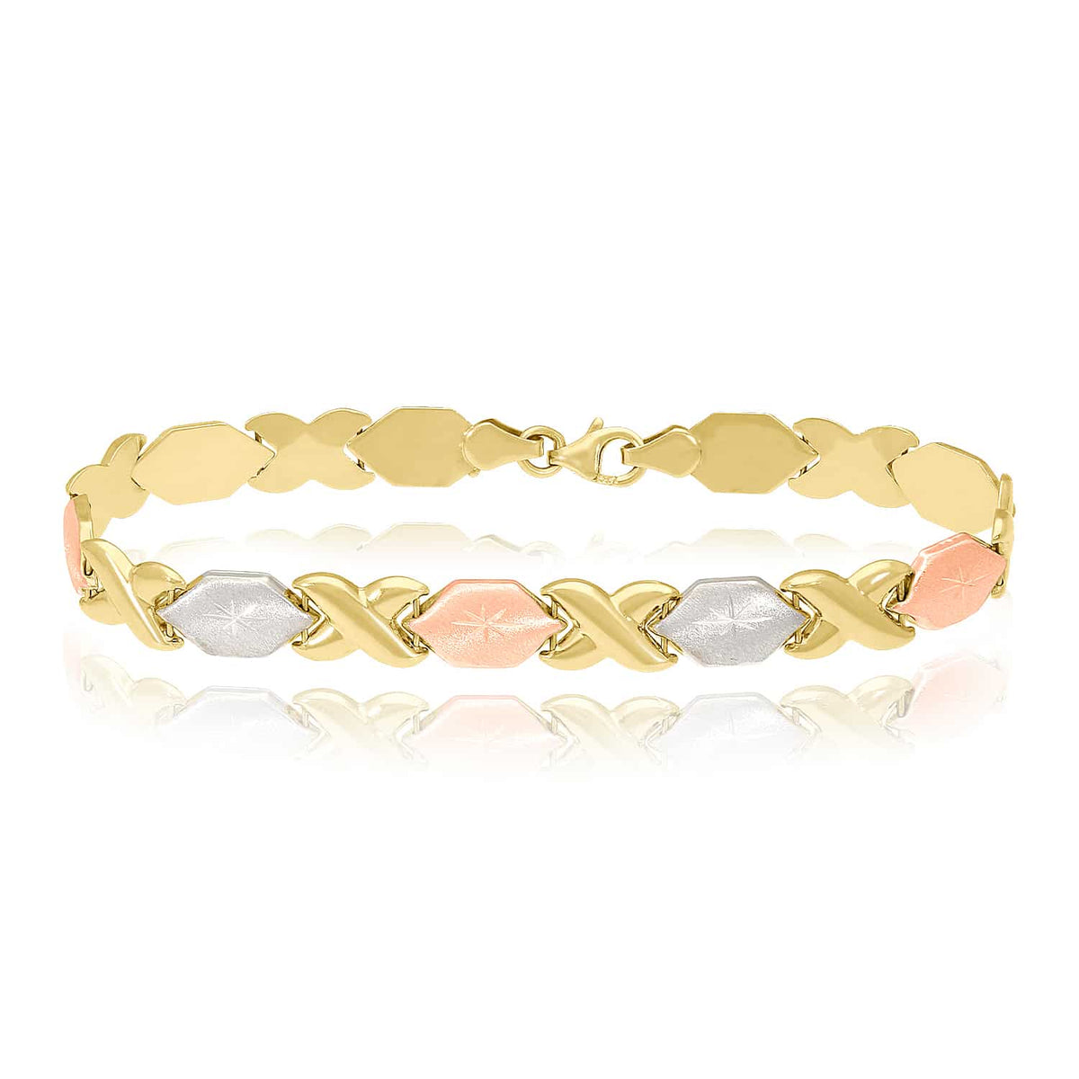 14K Tri-Color Gold 7mm Diamond-Cut Stampato XO Bracelet (Hollow) 7"