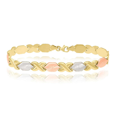 14K Tri-Color Gold 7mm Diamond-Cut Stampato XO Bracelet (Hollow) 7"