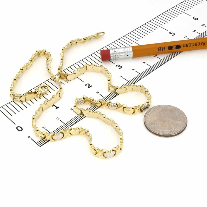 10K Two-Tone Gold 6mm Diamond-Cut Hearts & Kisses XO Necklace (Hollow) 17.5"