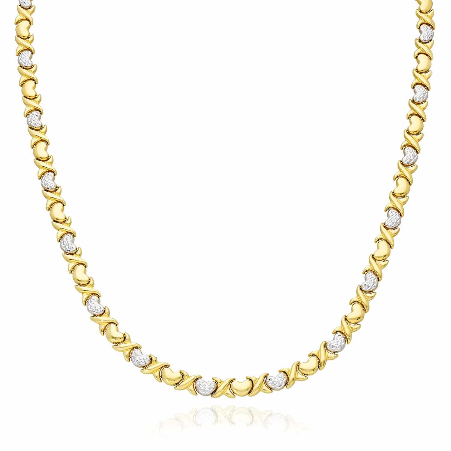10K Gold Two-Tone 6mm Diamond Cut Hearts & Kisses XO Necklace 17.5"