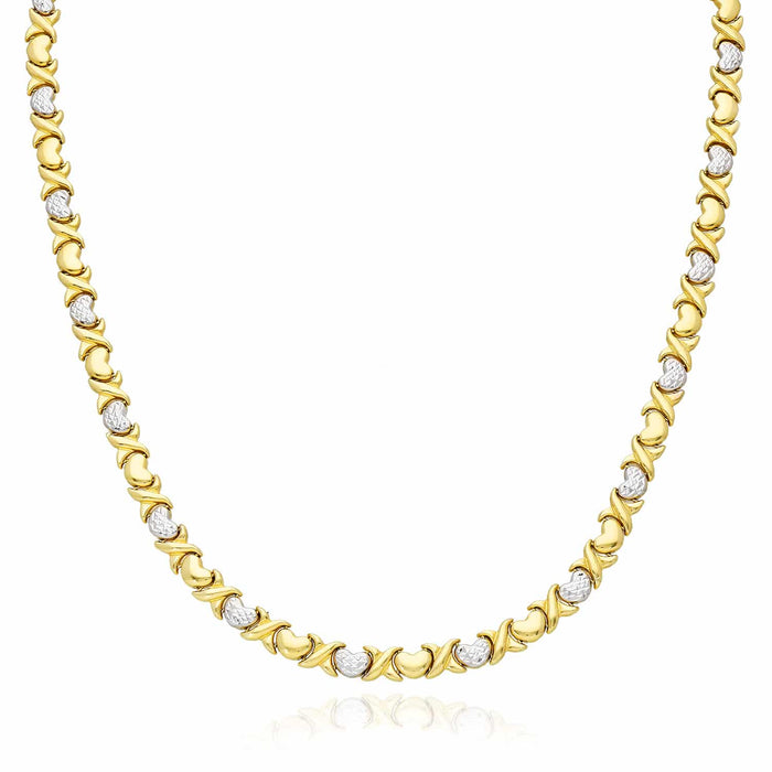 10K Two-Tone Gold 6mm Diamond-Cut Hearts & Kisses XO Necklace (Hollow) 17.5"