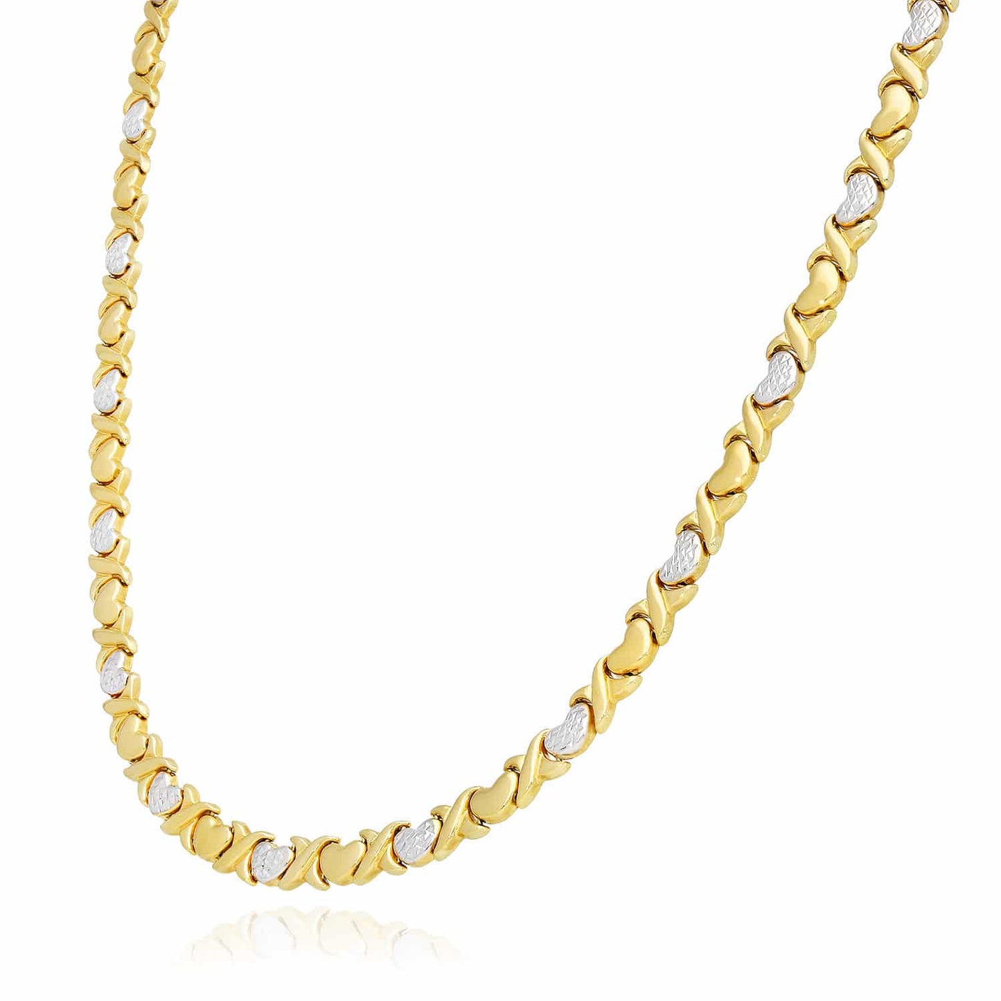 10K Gold Two-Tone 6mm Diamond Cut Hearts & Kisses XO Necklace 17.5"