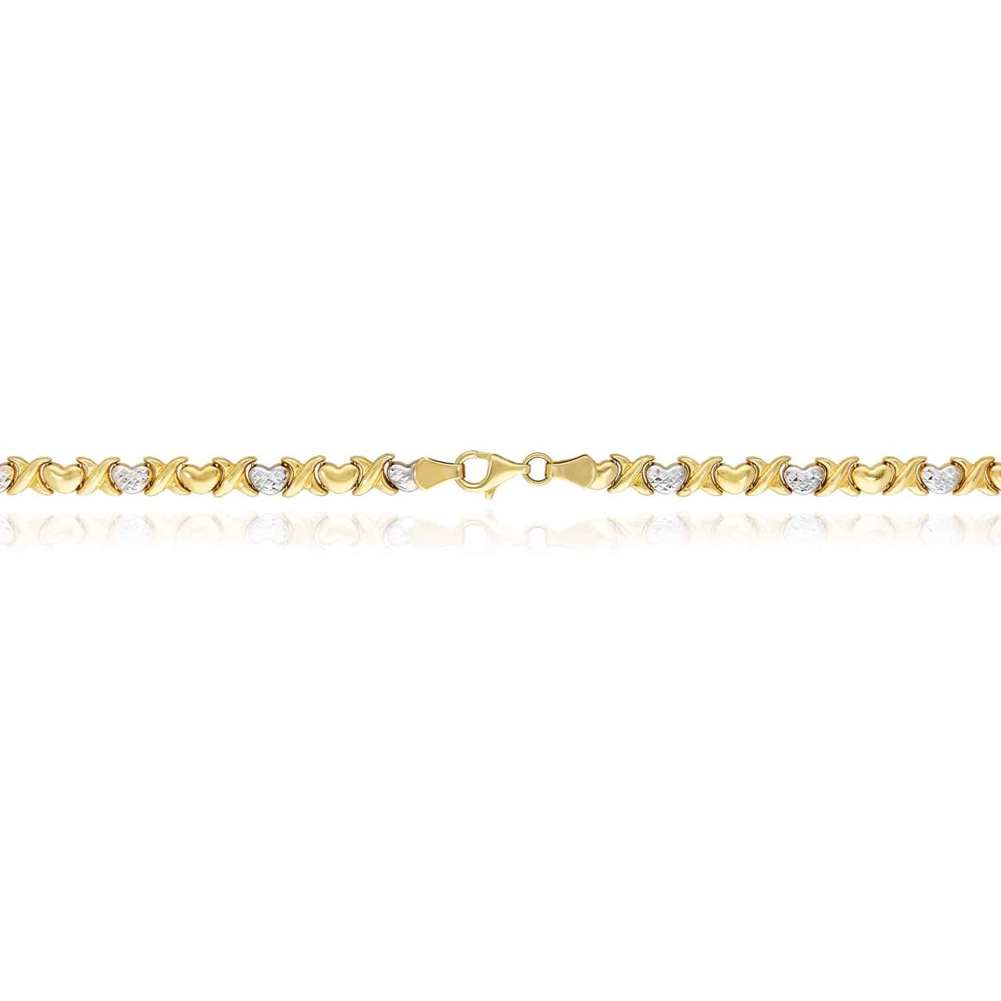 10K Gold Two-Tone 6mm Diamond Cut Hearts & Kisses XO Necklace 17.5"