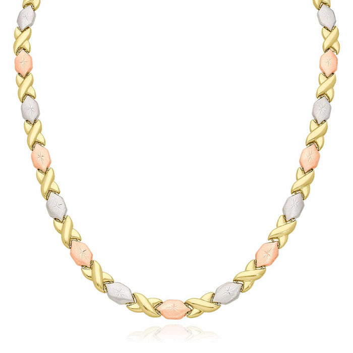 14K Tri-Color Gold 7mm Diamond-Cut Stampato XO Necklace (Hollow) 17"
